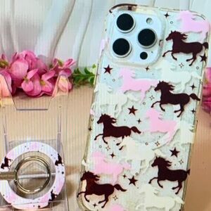 SHEIN Horse Pattern Phone Case with Ring Holder - Brown and Pink